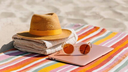 Digital Nomad Beach Lifestyle type. Beach essentials including a hat, towel, sunglasses, and a laptop.