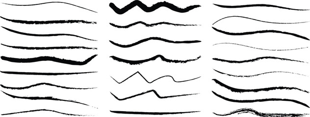Wavy Brush ink Chalk lines, charcoal highlight strokes doodle set. Pencil underlines, kids crayon strips, brush line in sketch style. 