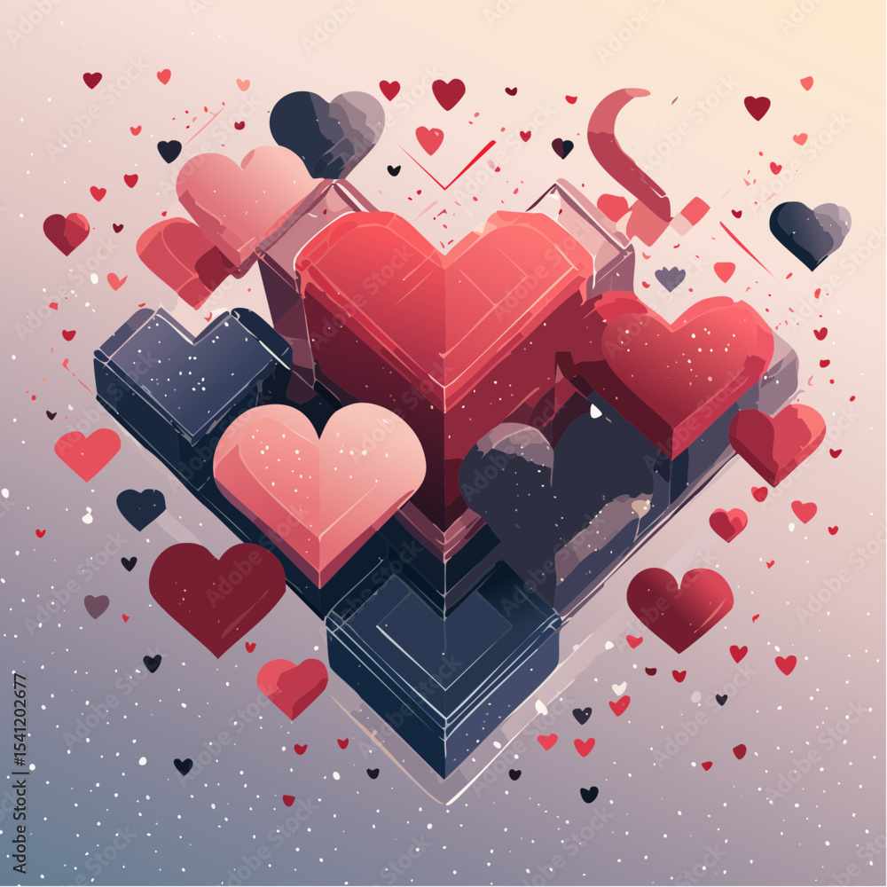 Poster a colorful three-tone vector with floating hearts and cubes, in a bold retro pop graphic style.