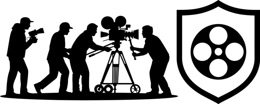 Film production crew silhouette with camera and shield logo for movie industry and filmmaking editable stock vector illustration
