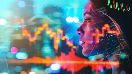 Double exposure of a woman with financial charts and digital stock data, representing artificial intelligence and fintech.