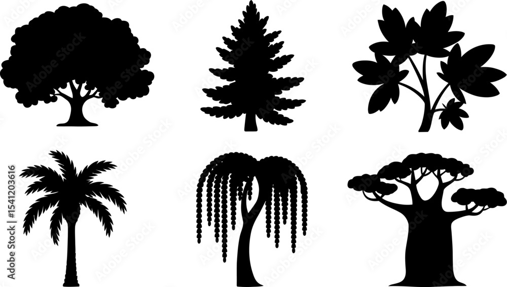 Poster tree silhouettes vector collection various tree types black and white forest trees nature trees vect