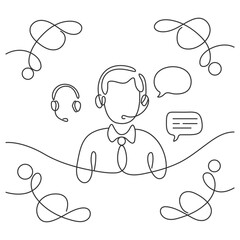 Single one line drawing, young happy male call center worker answering complaint from customer or client kindly. Helpdesk center care concept. Continuous line draw design graphic vector illustration.