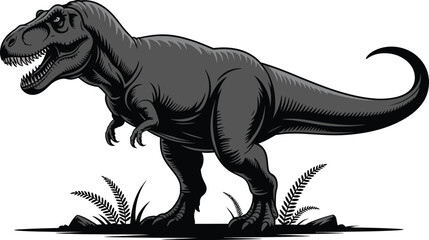 Fototapeta premium T-Rex Dinosaur Vector Illustration with Aggressive Pose and Natural Ground Elements on White Background .