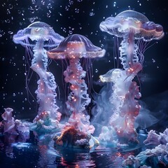 Bioluminescent jellyfish display glowing translucent bodies in deep dark ocean waters with glowing tentacles floating amidst tiny bubbles and shimme light