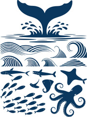 Fototapeta premium Ocean life vector illustration whale tail waves fish shark octopus starfish sea marine animal graphic design editable stock vector illustration
