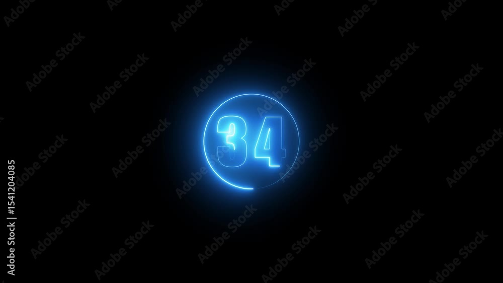 Fototapete glowing neon number 34 inside round frame. luminous art concept for signage graphics, countdown time