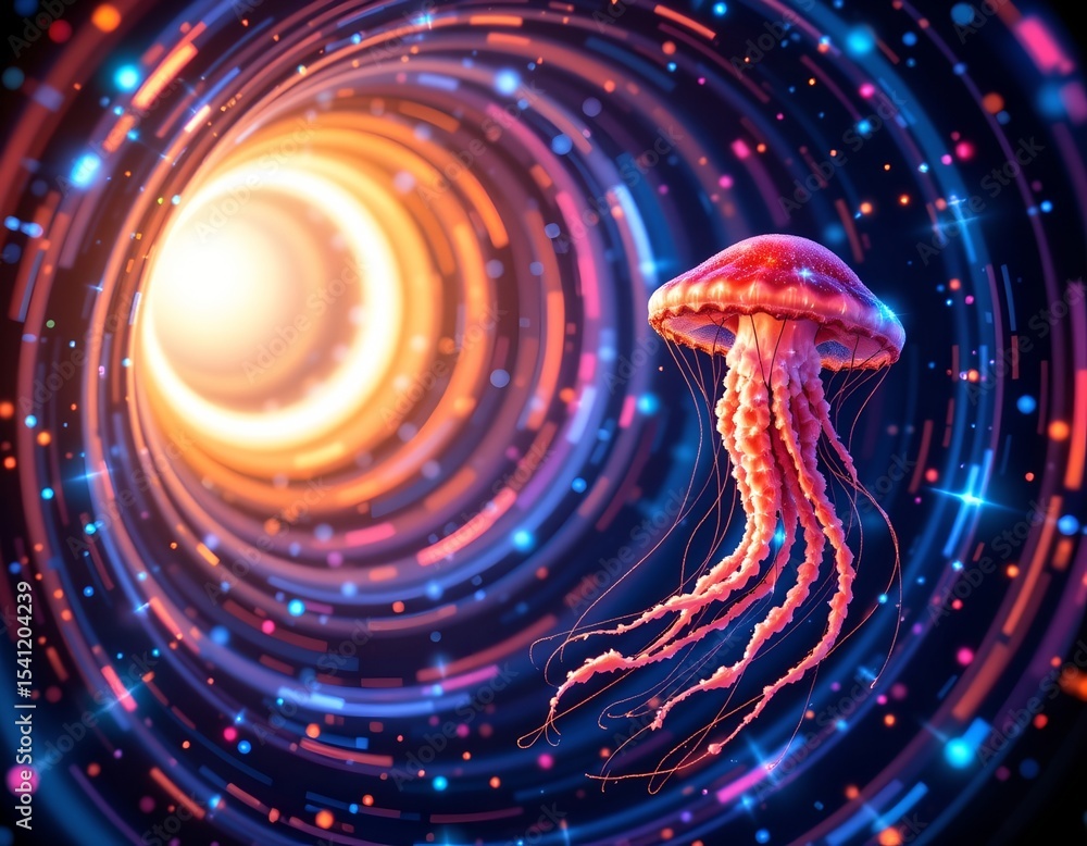 Poster luminous swirling circle of sparking particles in a glossy space tunnel, with an elegant jellyfish o