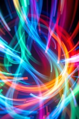 abstract light speed motion blur effect on black background, subject positioned at the bottom under neon lights in a luminous style, clear copy space at the top for design.