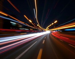 speeding light trails in motion blur on dark background position subject at the top with clear copy space at the bottom.