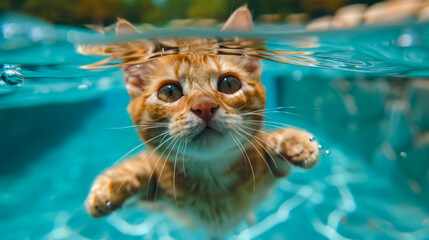 Adorable ginger kitten swimming underwater with a determined expression, half-submerged in a clear blue pool.