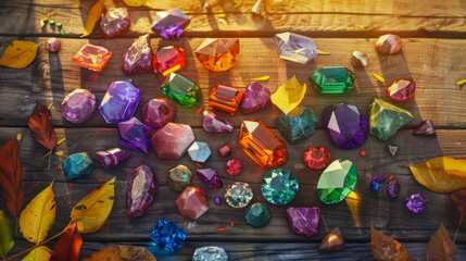 Assortment of colorful gemstones arranged on a wooden surface with scattered autumn leaves, showcasing sparkle and luxury.