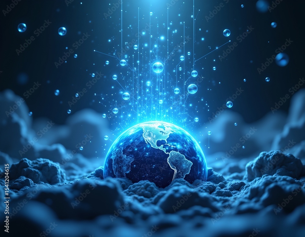 Poster 3d rendering of global connection and networking concept, subject positioned at the bottom under shi