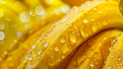 Close-up of ripe yellow bananas with water droplets, emphasizing freshness, texture, and vibrant tropical appeal.