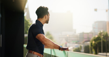 Urban, balcony or businessman with view thinking of ideas for daydreaming, vision or reflection....