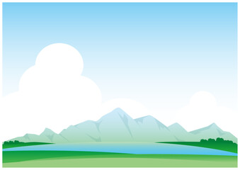 山と空と湖のある背景イラスト