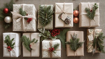 flat-lay of beautifully wrapped holiday gifts, adorned with bows, tags, and sprigs of pine and holly berries, Generative AI