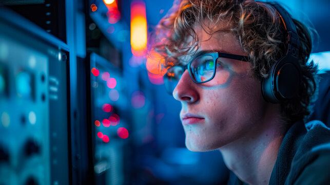 Focused young man wearing glasses and headphones, working on computers in a high-tech server room, illuminated by blue and red lights.