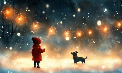 Naklejka premium whimsical watercolor painting of a child catching snowflakes on their tongue in a frosted park, Generative AI