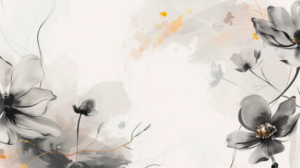 Elegant Chinese ink painting of floral motifs in black and gray tones on a white background, blending tradition and minimalism.