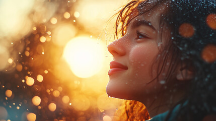 Young woman enjoying a rainy sunset moment