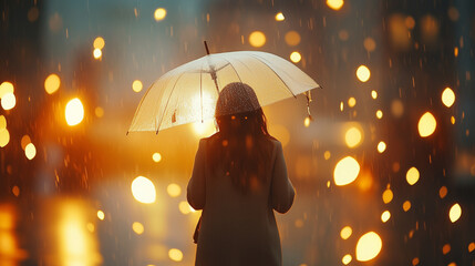 Woman with umbrella in the rain against a glowing backdrop