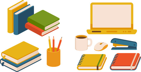 Illustration of desk with laptop books coffee and stationery for study and work from home concept editable stock vector illustration