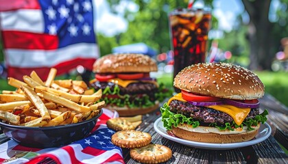 Picnic party for Fourth of July, Memorial Day, USA Independence Day concept outdoor. Patriotic, American food, burgers, drinks, american flag.
