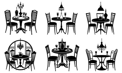 Collection of six different dining table arrangements with chairs in black and white style art