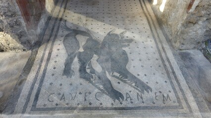 Pompeii, Italy - 8 January 2025. A detailed floor mosaic in the House of the Tragic Poet shows a...