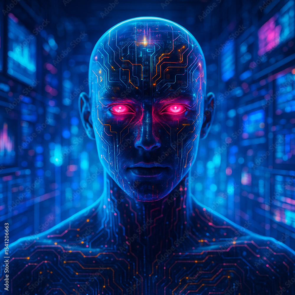 Aufkleber ai generated digital artwork of a humanoid android with glowing circuits and pink eyes standing in a