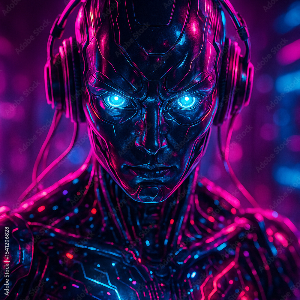 Poster ai generated close-up of a futuristic android with glowing eyes and intricate circuitry in a vibrant
