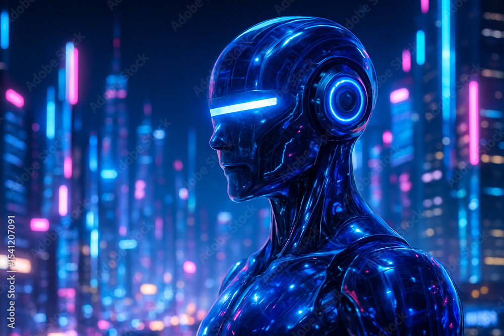 Aufkleber ai generated digital art of a glowing android standing in a cyberpunk city with neon lights showing 