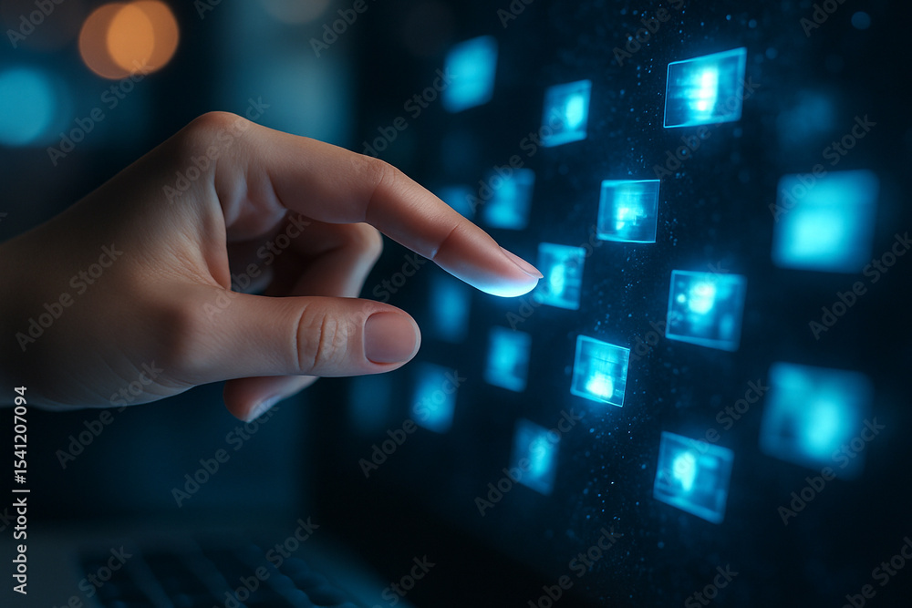 Poster ai generated image of a human hand selecting a glowing data tile on a futuristic digital touchscreen