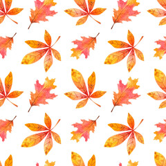 Seamless pattern with watercolor autumn leaves on a white background. Hand drawn illustration for your design, print, textile