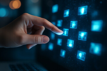 AI generated image of a human hand selecting a glowing data tile on a futuristic digital touchscreen interface with blue neon light in a modern control environment