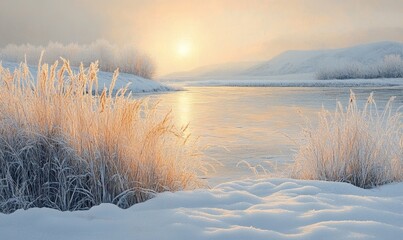 peaceful snowy meadow at sunrise, with the first light of day reflecting off frost-covered grass, Generative AI