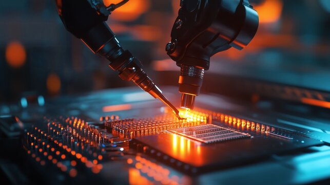 Automated Manufacturing: Robotic arms precisely assemble a circuit board with intense focus, highlighting innovation and precision in tech.