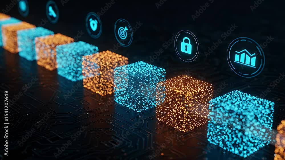 Poster digital cubes in a circuit board design, with glowing data icons