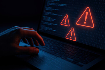 Cyber Security Threat, Close-up of a hand on a laptop keyboard with alarming red exclamation marks and code, indicating a digital security breach.