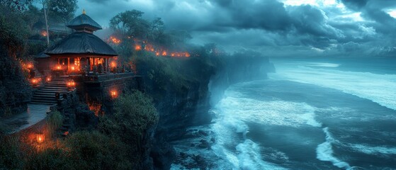 dramatic cliffside temple overlooking a vast ocean with waves crashing against the rocks and a storm brewing, Generative AI