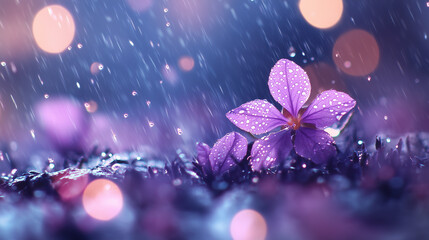 Delicate purple flower glistening in the rain