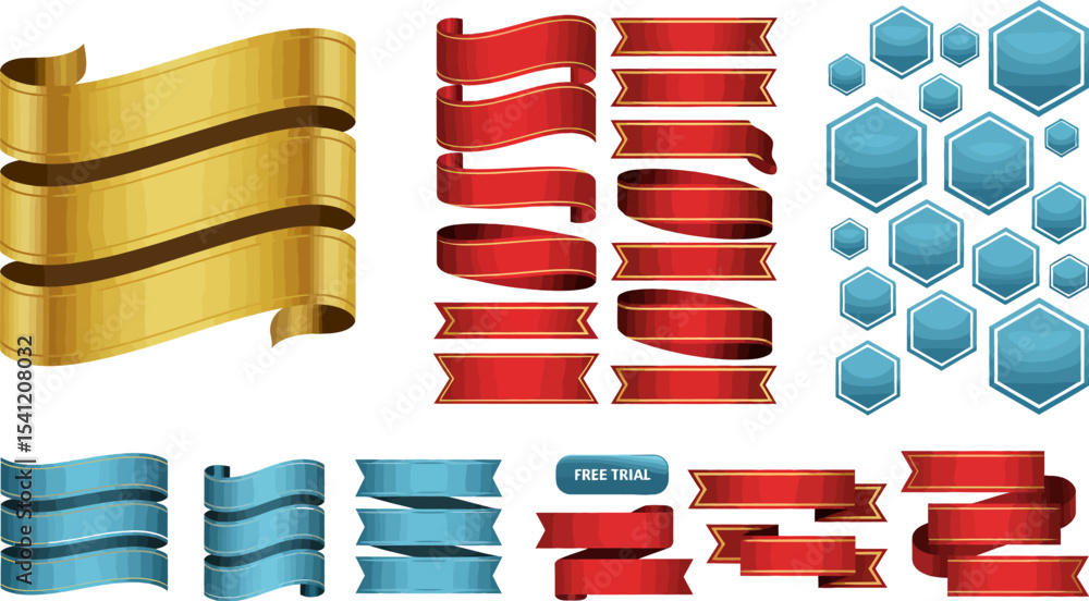 Poster vector ribbons banners elements graphic design templates gold red blue hexagon shapes for web and pr
