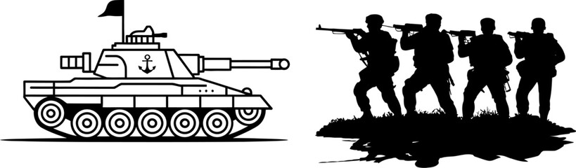Vector military tank and soldiers silhouette illustration design for war army and defense concept art graphic editable stock vector illustration