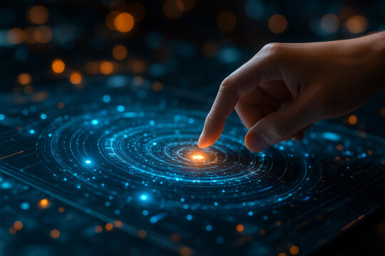 AI generated image of a human hand interacting with a glowing holographic control interface showing circular data patterns and bright neon energy in a futuristic environment