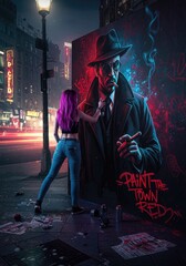 Detective in dark coat smokes cigar as purple-haired woman paints graffiti in neon-lit city backdrop.