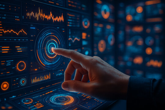 AI generated image of a human hand interacting with a futuristic HUD screen filled with glowing circular data graphics and real time analytics in a dark command center