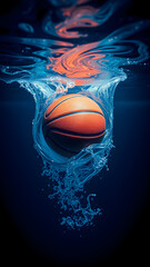 Orange Basketball Submerged in Dark Blue Water Creating a Dynamic Splash with Air Bubbles and Water Ripples Reflecting Orange Hues