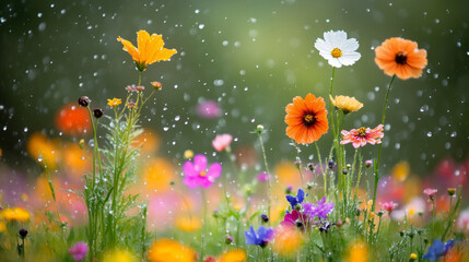 Vibrant wildflowers in the rain with sparkling droplets