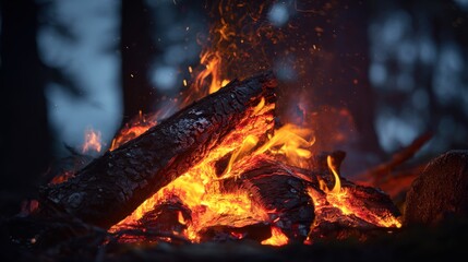 Vibrant campfire burns brightly in the darkness with large charred logs, orange and yellow flames dancing energetically, casting a warm glow, 